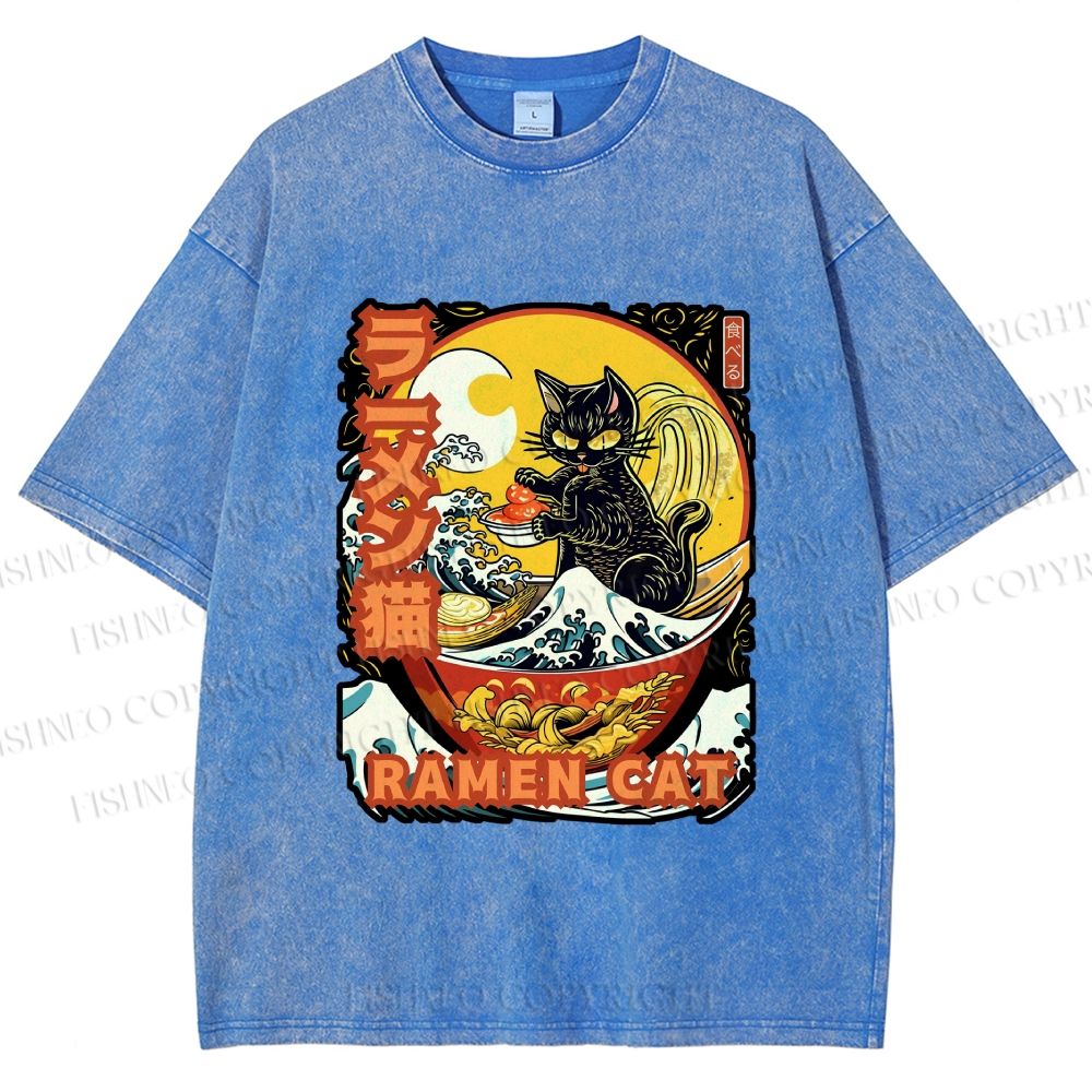 Unisex Japanese Ukiyo-e Ramen Cat Printed Washed Tee