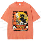 Unisex Japanese Ukiyo-e Ramen Cat Printed Washed Tee
