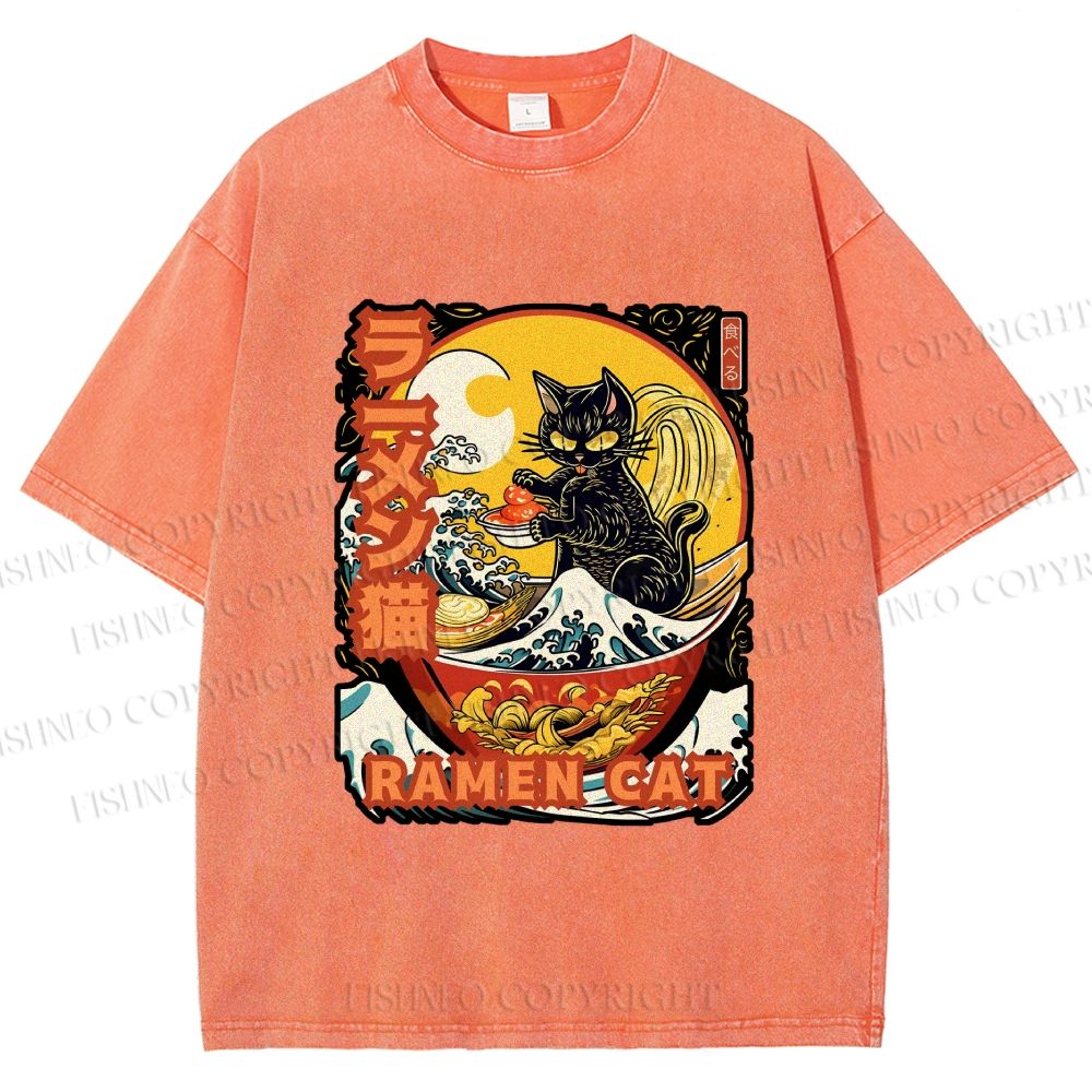 Unisex Japanese Ukiyo-e Ramen Cat Printed Washed Tee