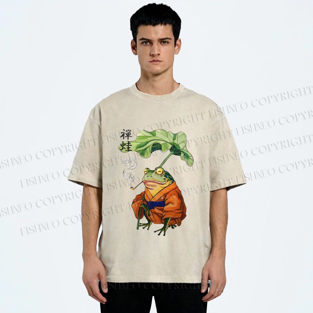 Unisex Japanese Vintage Frog Smoking Printed Washed Tee