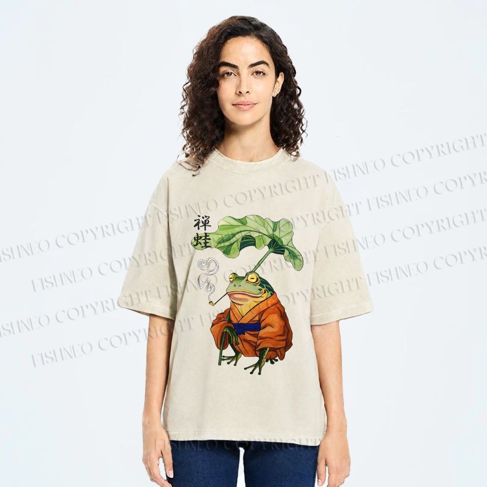 Unisex Japanese Vintage Frog Smoking Printed Washed Tee
