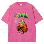 Unisex Japanese Vintage Frog Smoking Printed Washed Tee