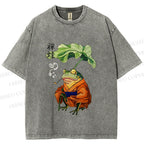 Unisex Japanese Vintage Frog Smoking Printed Washed Tee