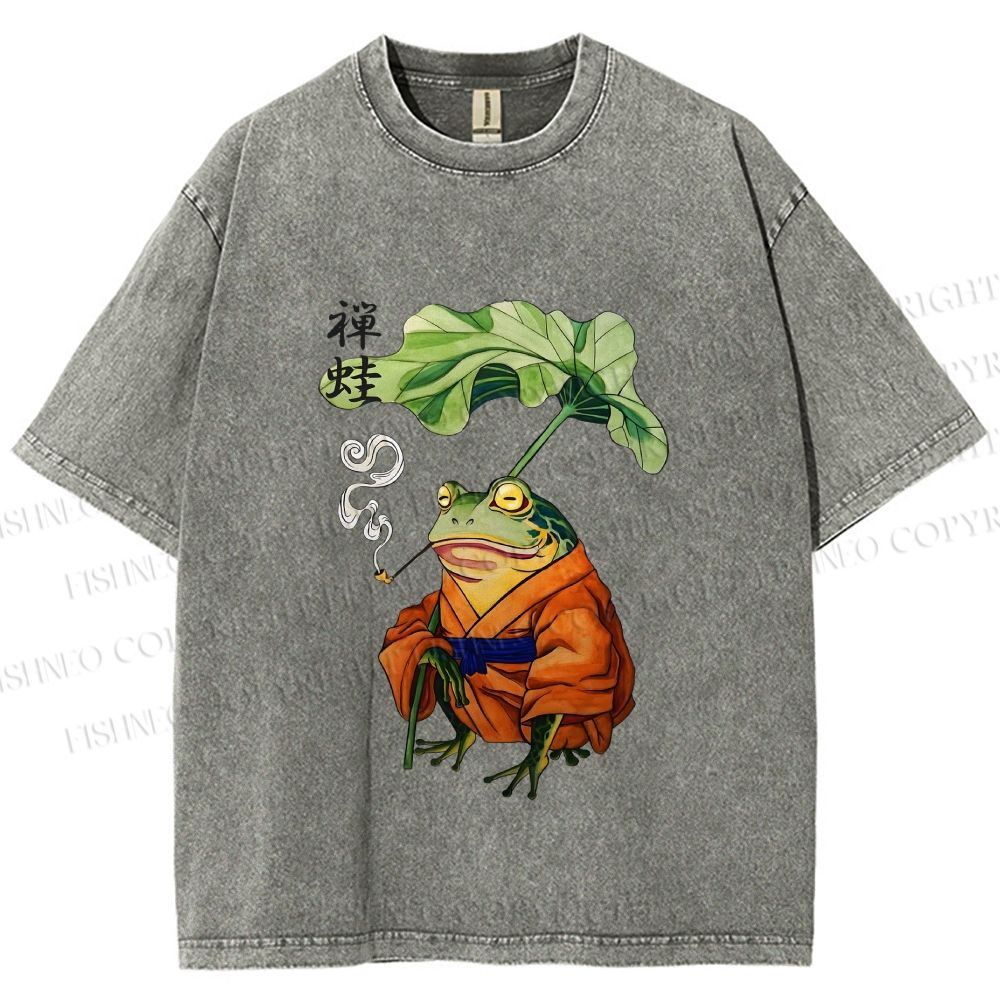 Unisex Japanese Vintage Frog Smoking Printed Washed Tee