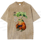 Unisex Japanese Vintage Frog Smoking Printed Washed Tee