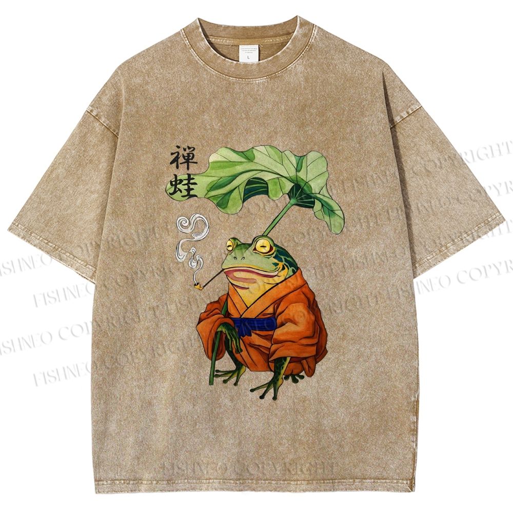 Unisex Japanese Vintage Frog Smoking Printed Washed Tee