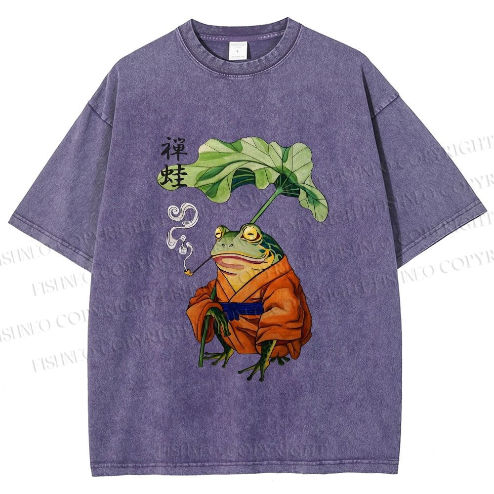 Unisex Japanese Vintage Frog Smoking Printed Washed Tee
