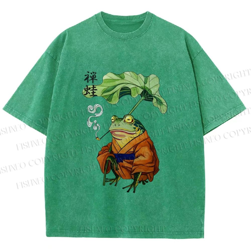Unisex Japanese Vintage Frog Smoking Printed Washed Tee