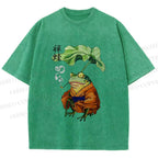 Unisex Japanese Vintage Frog Smoking Printed Washed Tee