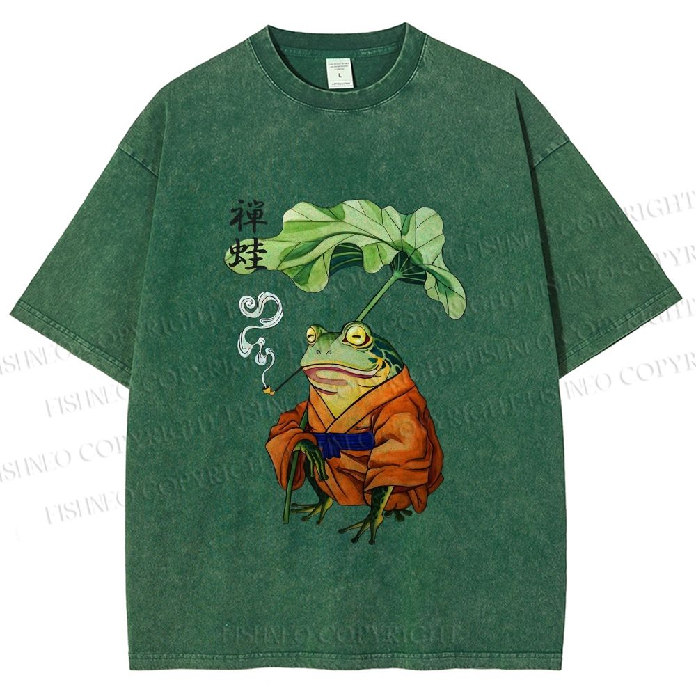 Unisex Japanese Vintage Frog Smoking Printed Washed Tee