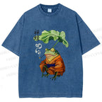 Unisex Japanese Vintage Frog Smoking Printed Washed Tee