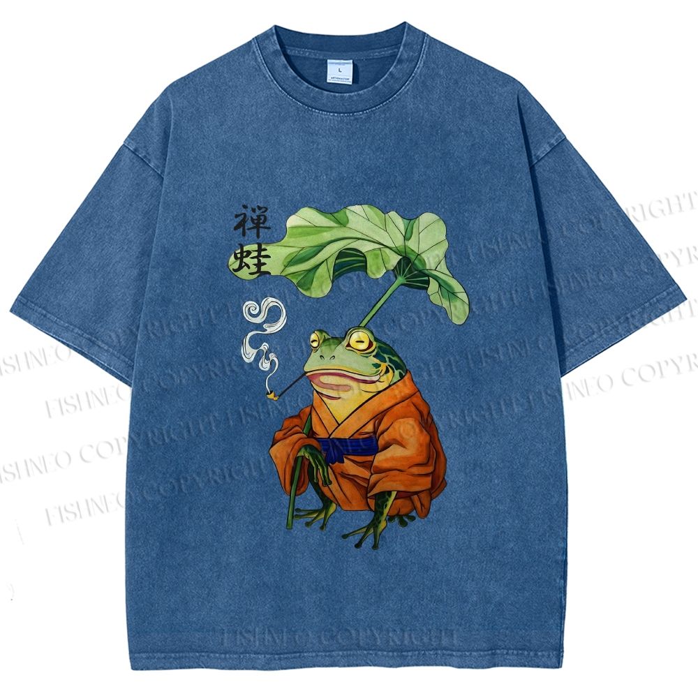 Unisex Japanese Vintage Frog Smoking Printed Washed Tee