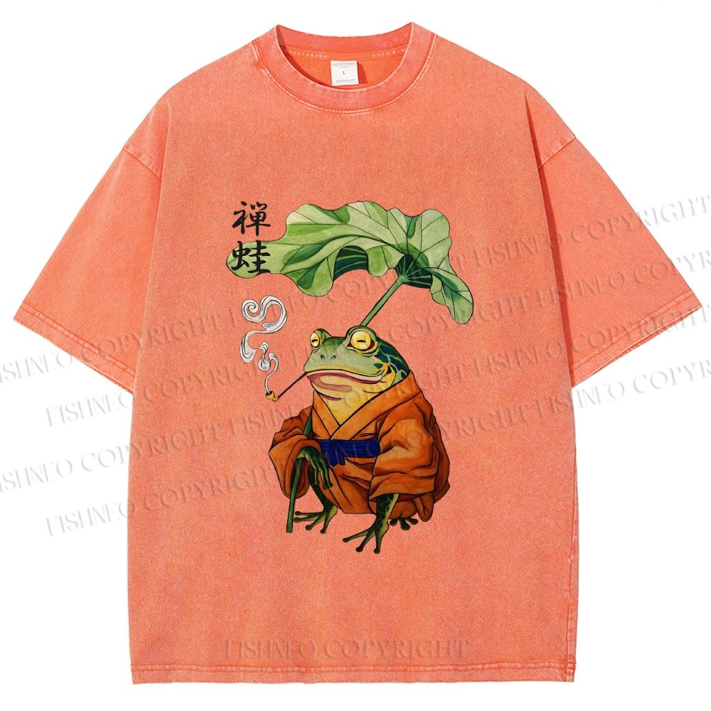 Unisex Japanese Vintage Frog Smoking Printed Washed Tee