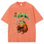 Unisex Japanese Vintage Frog Smoking Printed Washed Tee