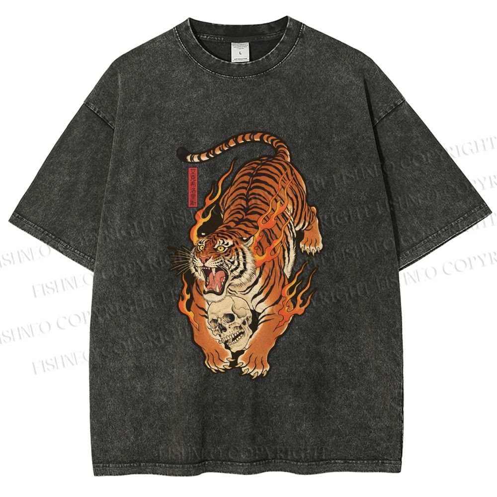 Unisex Vintage Japanese Tiger Printed Washed Tee