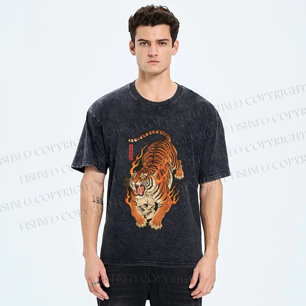 Unisex Vintage Japanese Tiger Printed Washed Tee