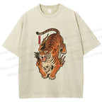Unisex Vintage Japanese Tiger Printed Washed Tee