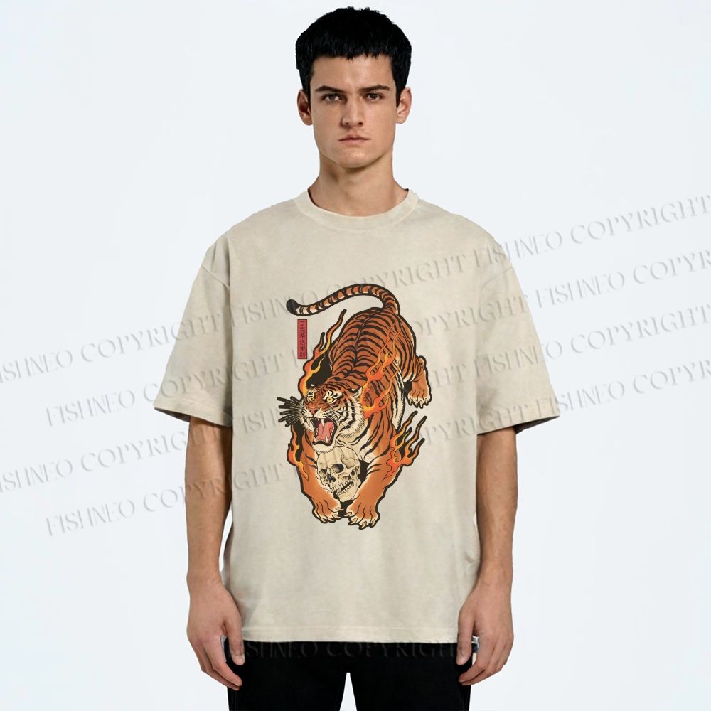 Unisex Vintage Japanese Tiger Printed Washed Tee