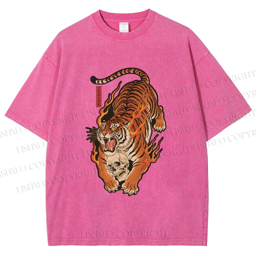 Unisex Vintage Japanese Tiger Printed Washed Tee