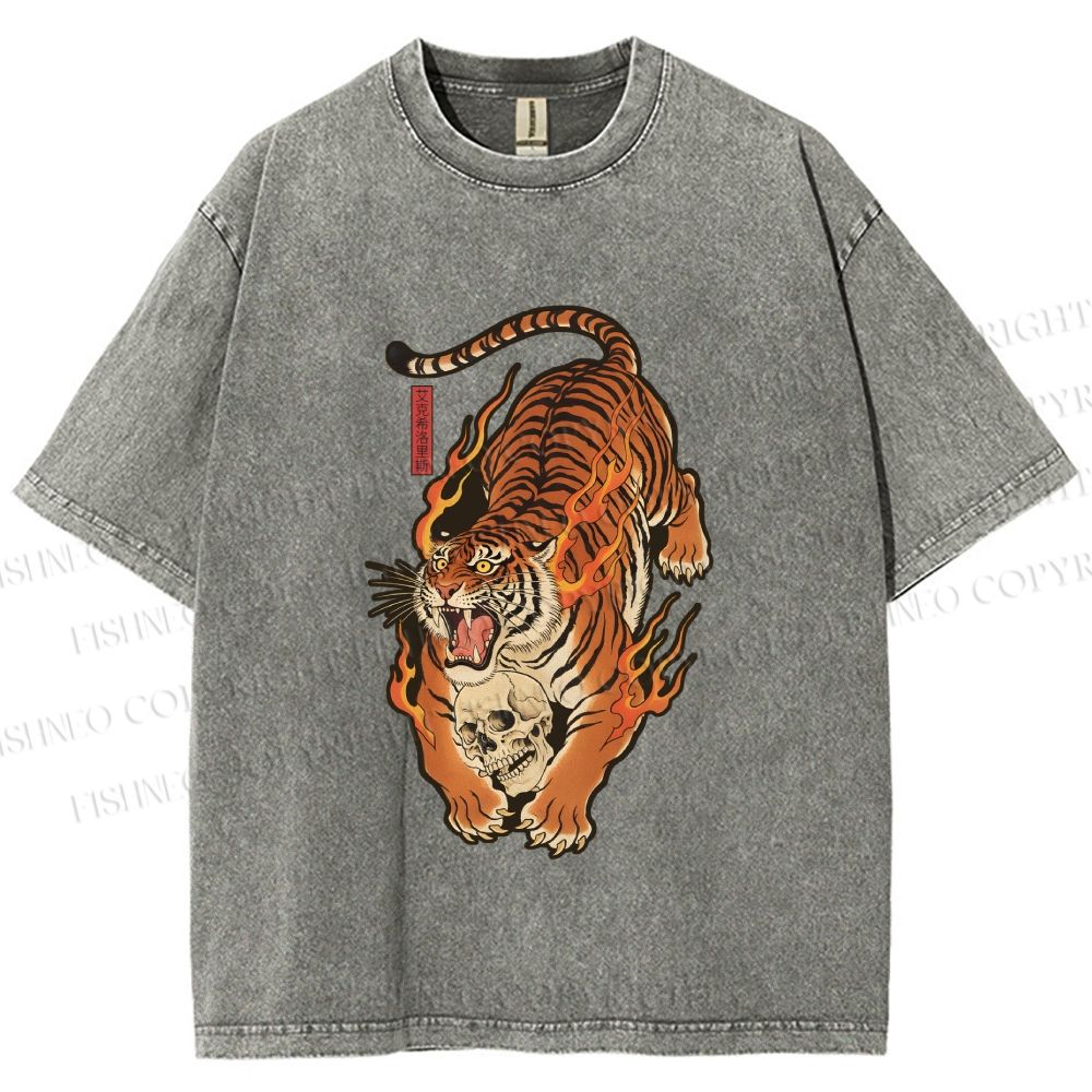 Unisex Vintage Japanese Tiger Printed Washed Tee