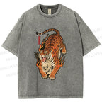 Unisex Vintage Japanese Tiger Printed Washed Tee