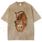 Unisex Vintage Japanese Tiger Printed Washed Tee