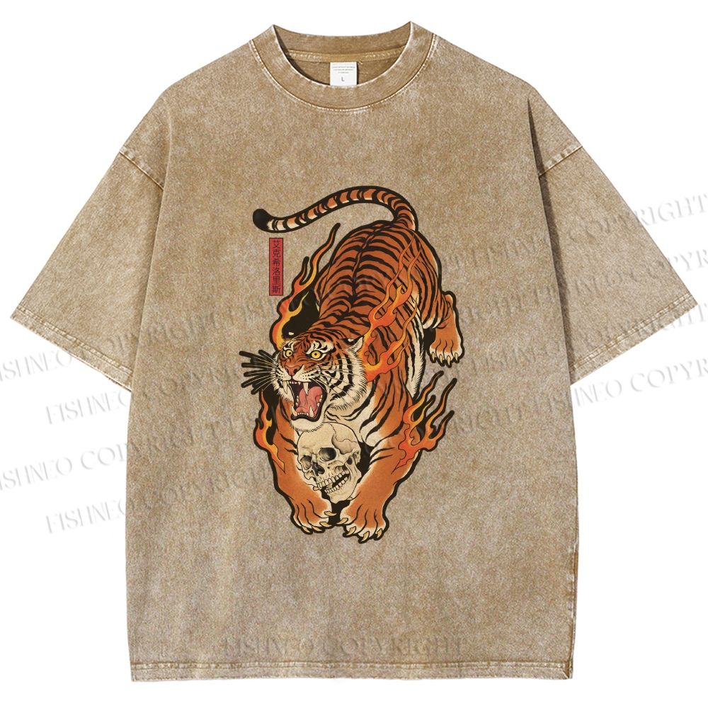 Unisex Vintage Japanese Tiger Printed Washed Tee