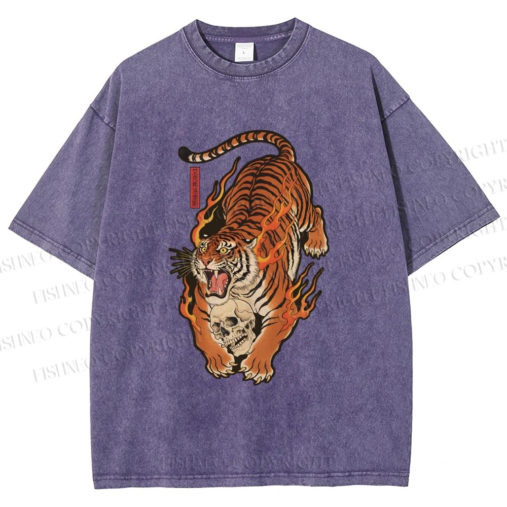 Unisex Vintage Japanese Tiger Printed Washed Tee