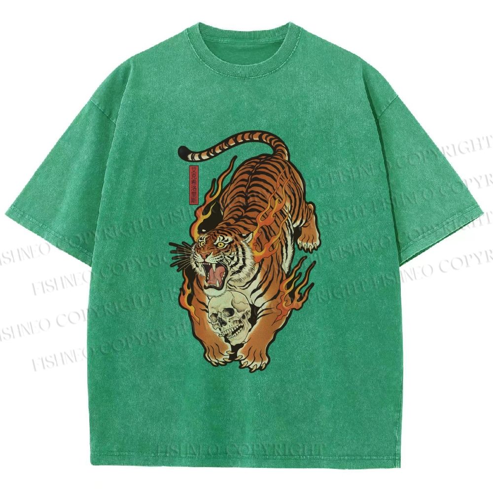 Unisex Vintage Japanese Tiger Printed Washed Tee