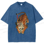 Unisex Vintage Japanese Tiger Printed Washed Tee