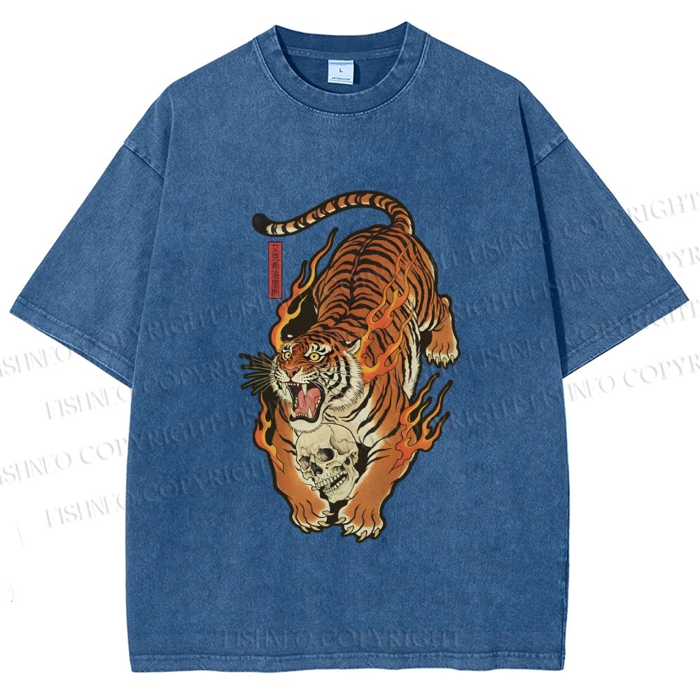 Unisex Vintage Japanese Tiger Printed Washed Tee