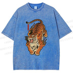 Unisex Vintage Japanese Tiger Printed Washed Tee