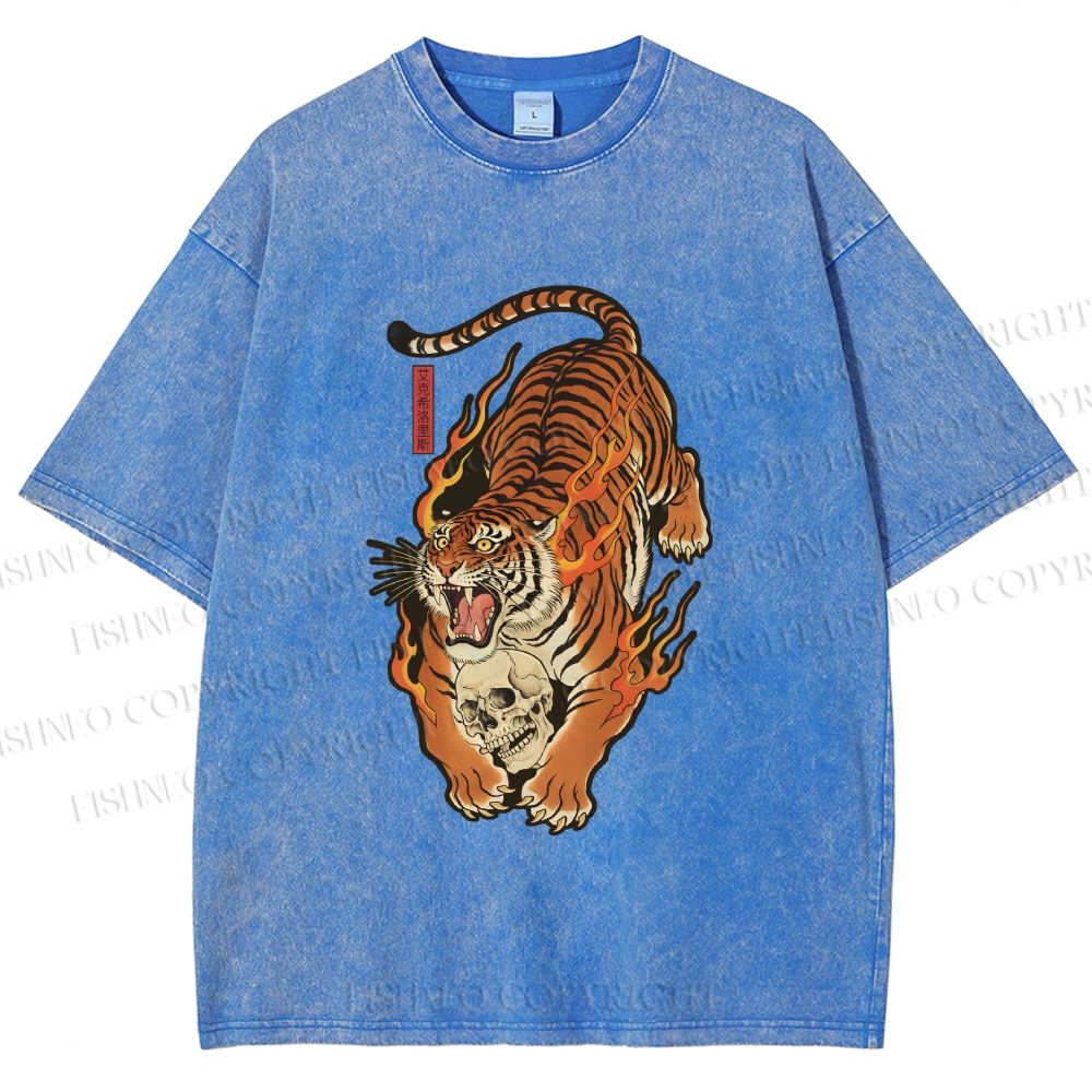 Unisex Vintage Japanese Tiger Printed Washed Tee