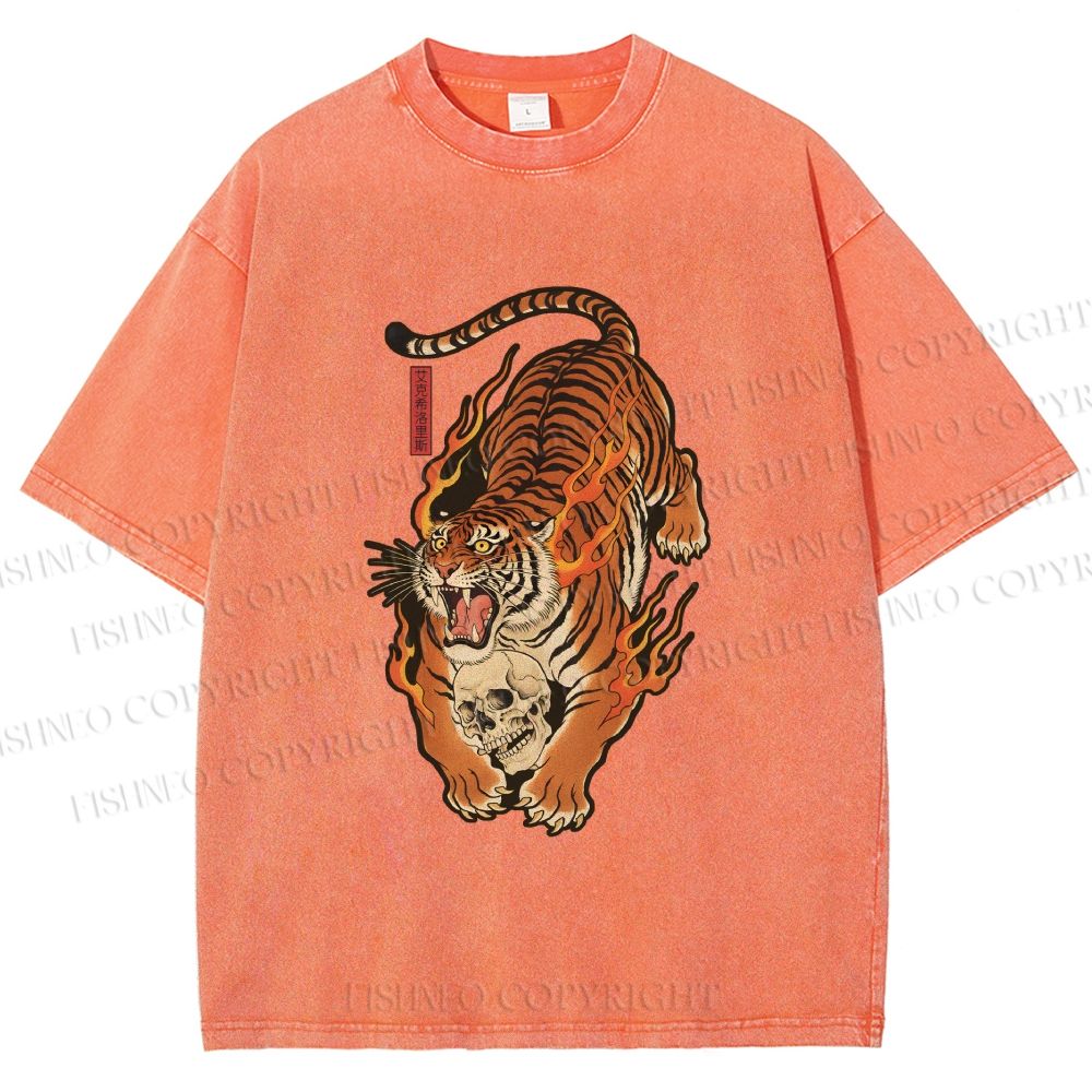 Unisex Vintage Japanese Tiger Printed Washed Tee