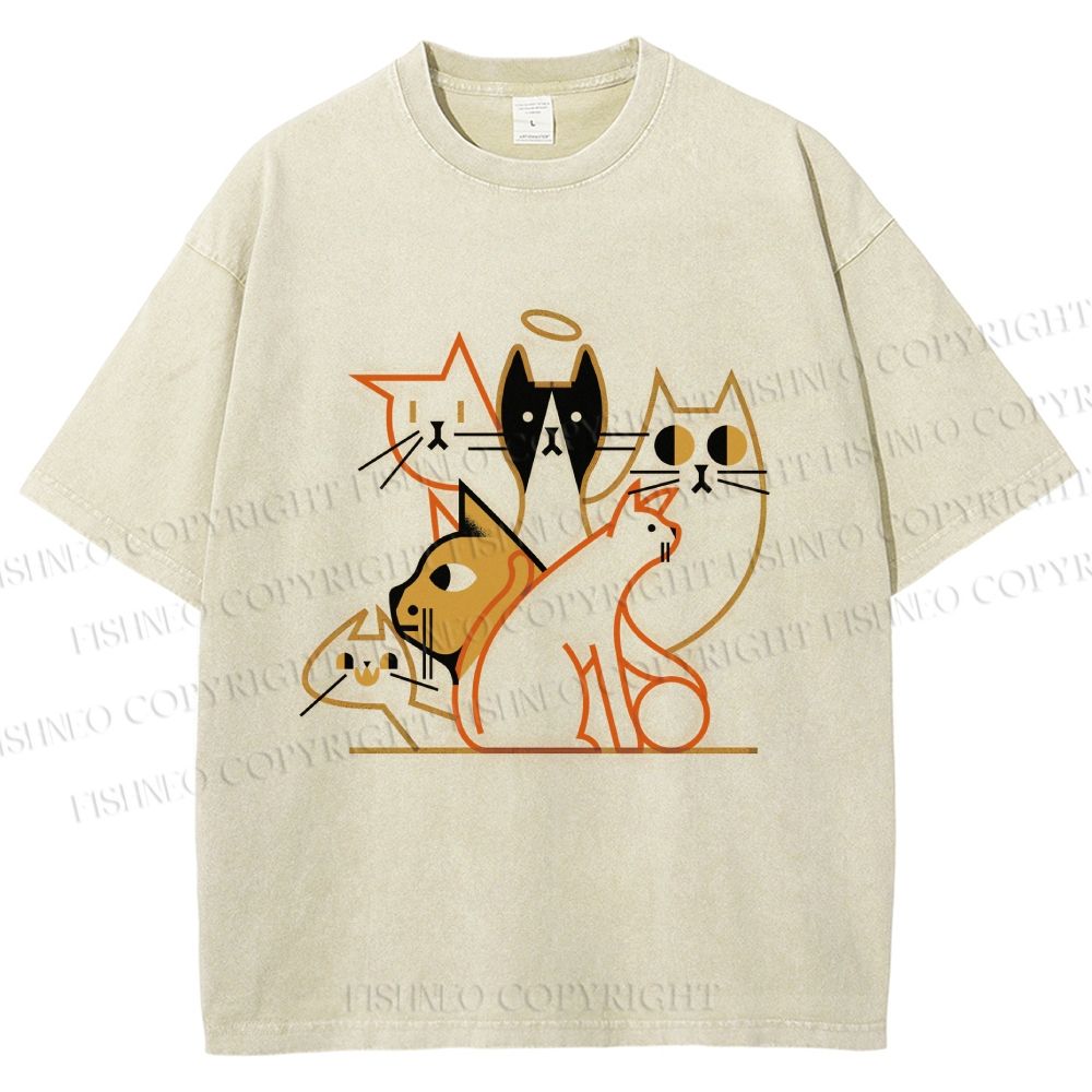 Unisex Line Art Cat Family Printed Washed Tee