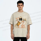 Unisex Line Art Cat Family Printed Washed Tee
