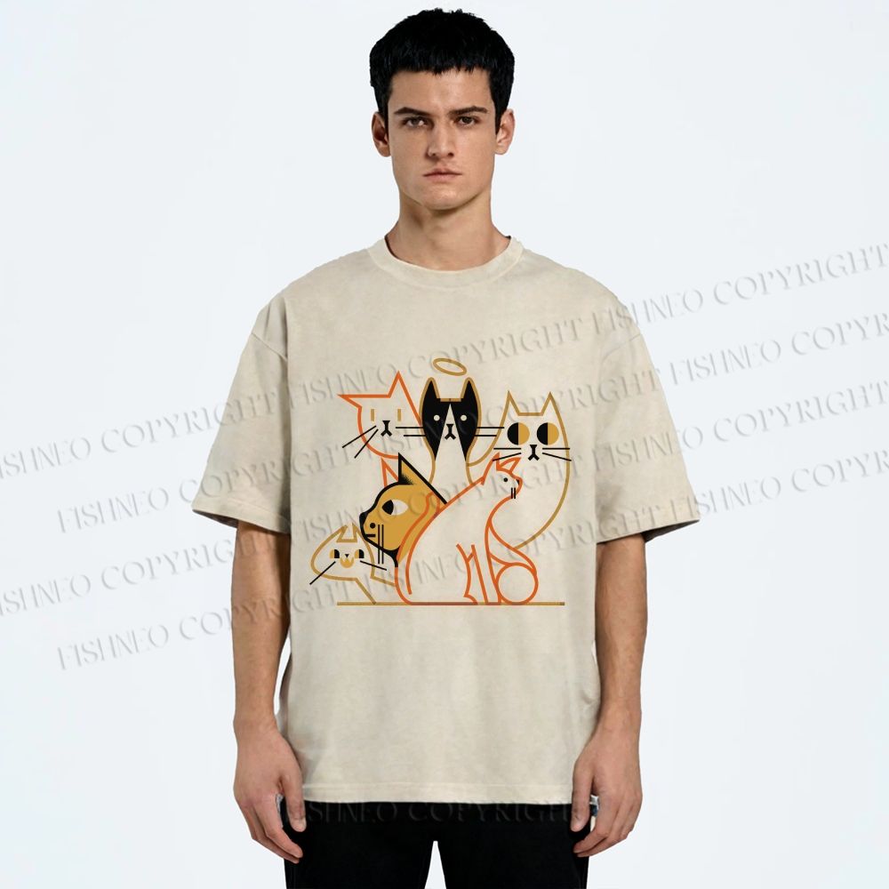 Unisex Line Art Cat Family Printed Washed Tee