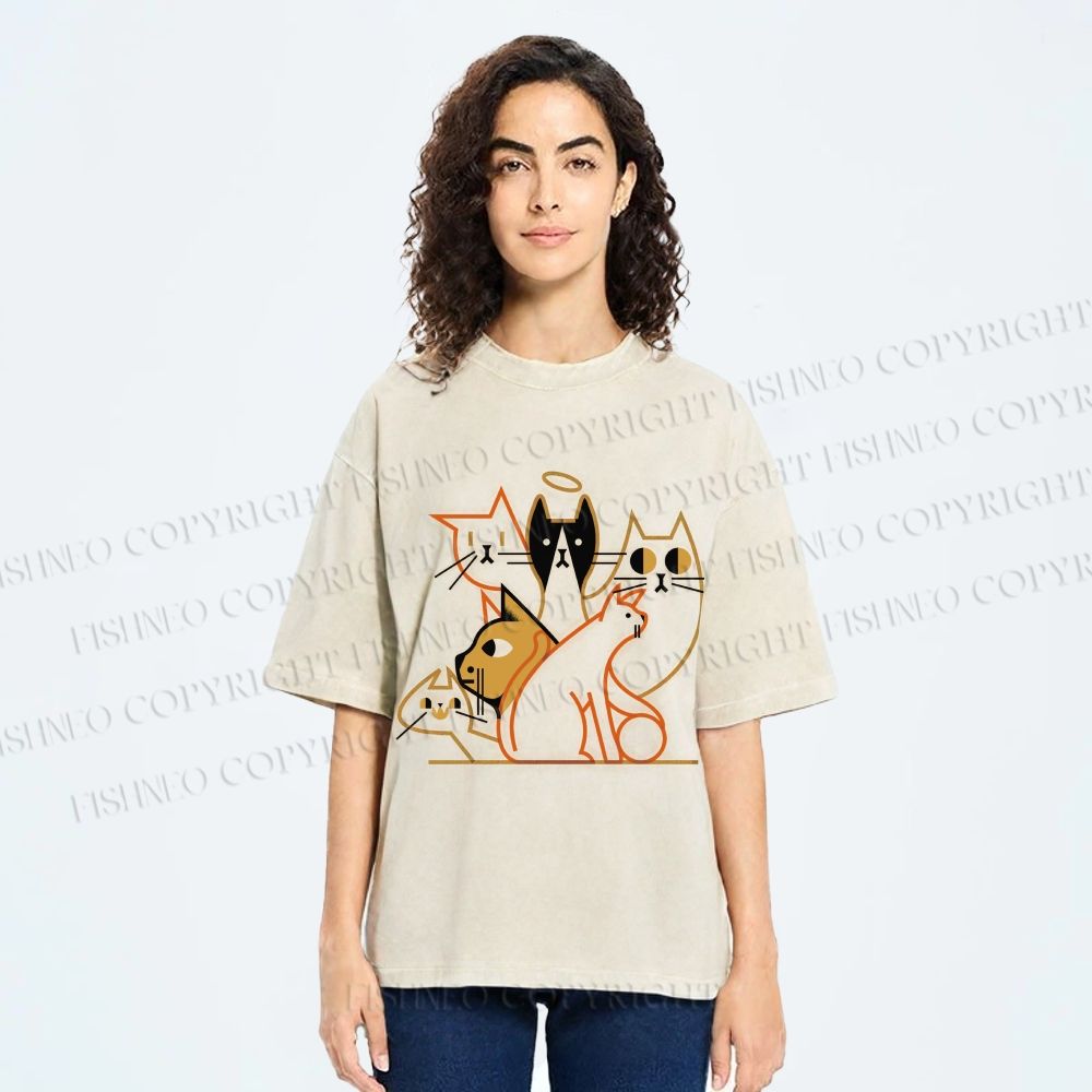 Unisex Line Art Cat Family Printed Washed Tee