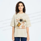Unisex Line Art Cat Family Printed Washed Tee