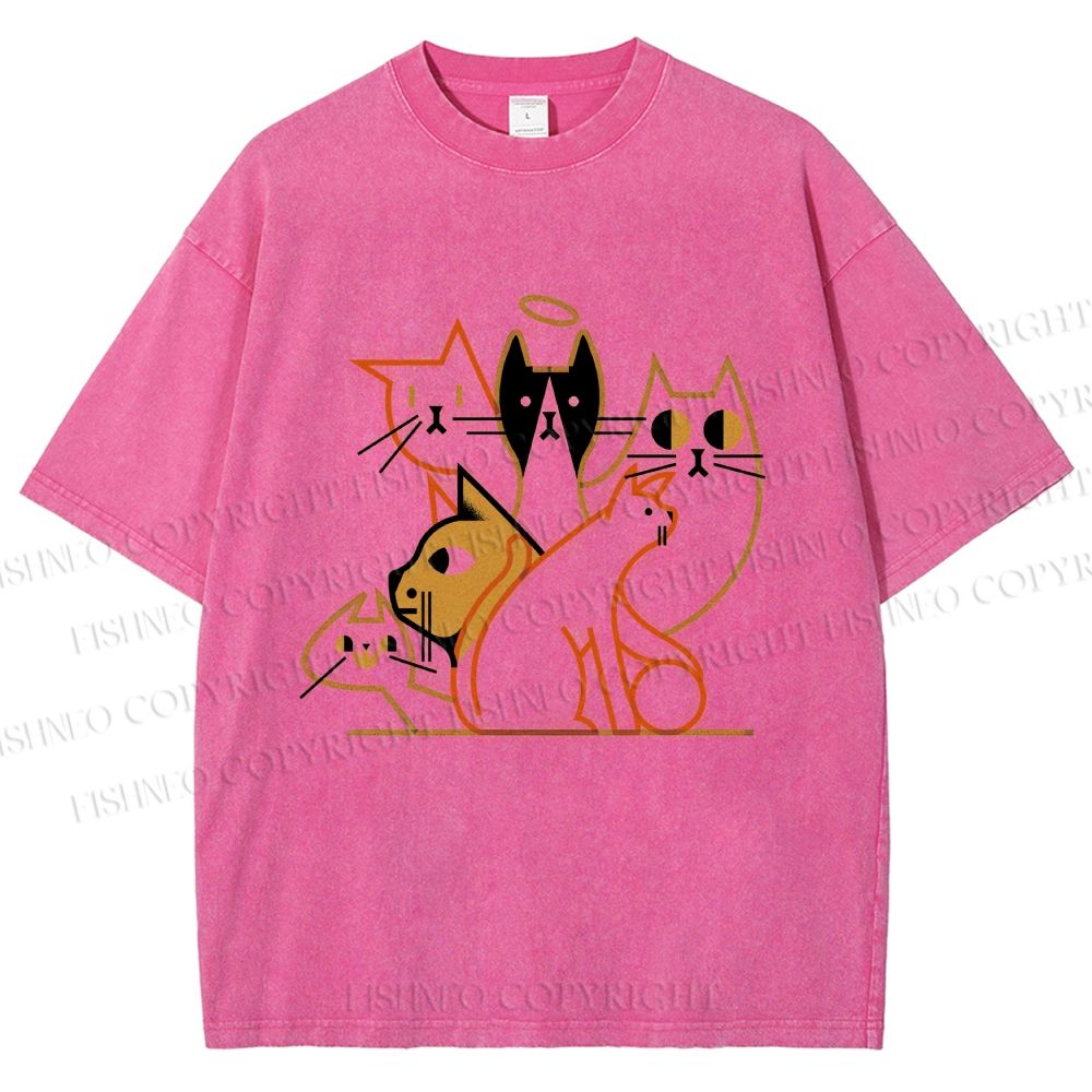 Unisex Line Art Cat Family Printed Washed Tee