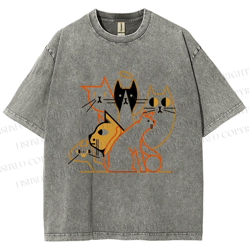 Unisex Line Art Cat Family Printed Washed Tee