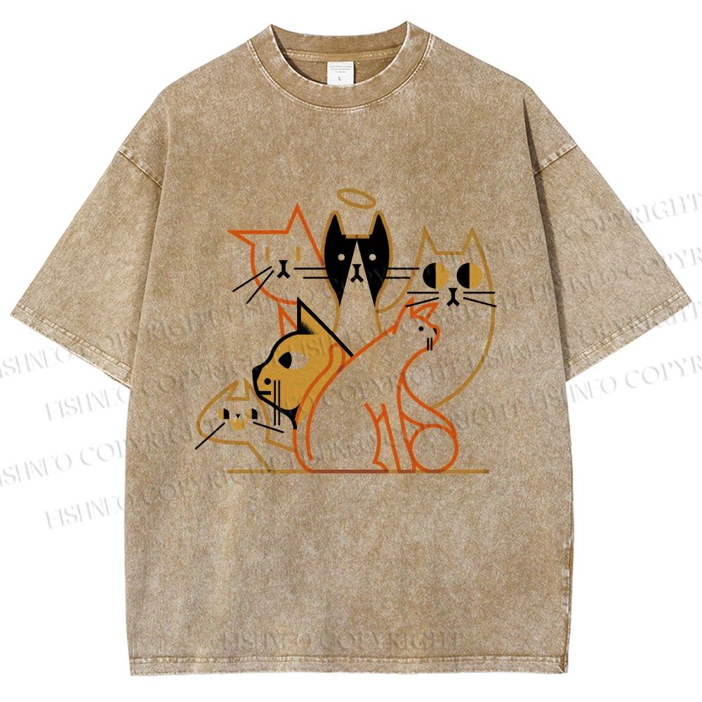 Unisex Line Art Cat Family Printed Washed Tee