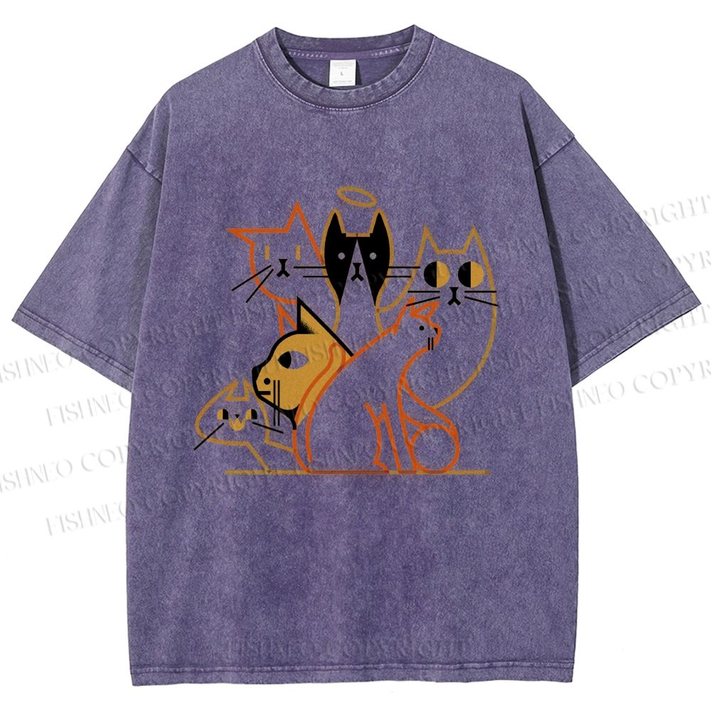 Unisex Line Art Cat Family Printed Washed Tee