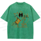 Unisex Line Art Cat Family Printed Washed Tee