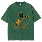 Unisex Line Art Cat Family Printed Washed Tee
