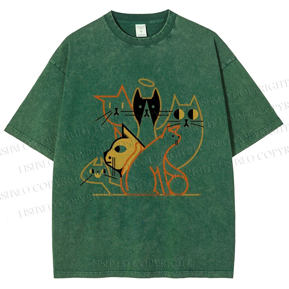 Unisex Line Art Cat Family Printed Washed Tee