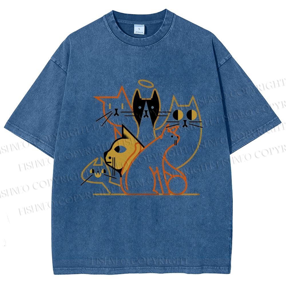Unisex Line Art Cat Family Printed Washed Tee