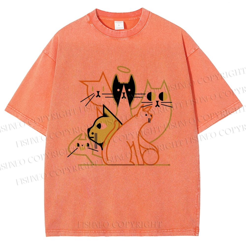 Unisex Line Art Cat Family Printed Washed Tee