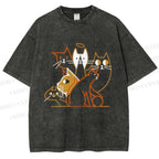 Unisex Line Art Cat Family Printed Washed Tee