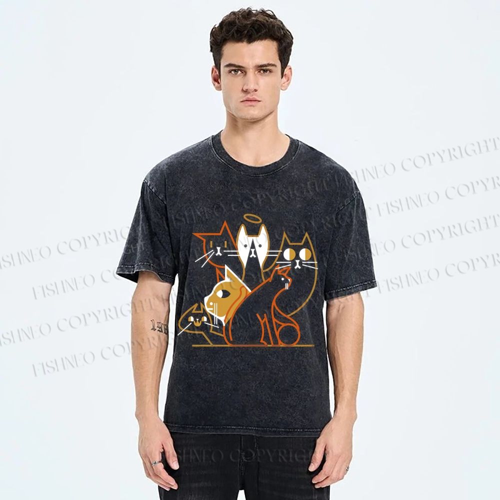 Unisex Line Art Cat Family Printed Washed Tee